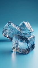 Aufkleber - Close-up of three ice cubes on blue background, showcasing transparency and texture, symbolizing freshness, purity, and coolness, ideal for beverage or winter concepts
