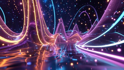 Fototapete - Abstract composition of glowing curves and particles, creating the effect of energy waves in a futuristic digital space. Great for branding materials in technology and innovation industries