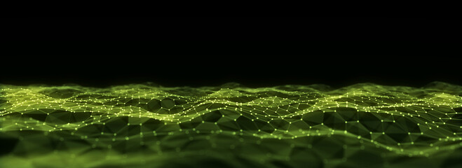 Wall Mural - abstract technology hexagon wave with motion dots and lines. dark cyberspace in digital background. 