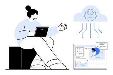 Poster - person using a laptop, visualizing cloud ai with a brain icon, data streams, and analytics. ideal fo
