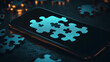 © MACKY - Smartphone screen displaying glowing puzzle pieces, surrounded by more puzzle pieces