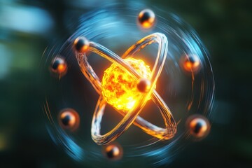 Poster - Visualization of an atom with glowing nucleus and orbiting electrons in a digital design