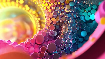 Poster - Vibrant Abstract: An enchanting abstract of layered spheres, each sphere, in a dazzling spectrum of colours, creating a mesmerizing tunnel. The use of light adds depth.