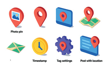 Poster - 3d location and navigation icons set: gps, map, pin, clock, settings