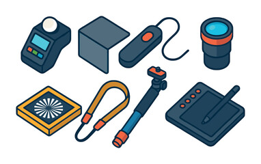 Poster - 3d photography equipment icons set: camera, tripod, lens, light meter