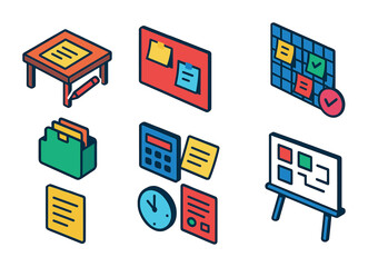 Poster - 3d office organization icons set: desk, board, calendar, chart, file, clipboard, clock