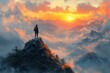 © zong - Adventurer on Rocky Outcrop Overlooking Misty Valley at Sunset