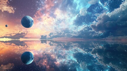 Wall Mural - surreal cosmic landscape with planets and colorful reflection
