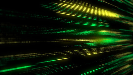 Digital database cyberspace. Decoding algorithms hacked software. Cyber security with moving particles. Big data visualization. 3d rendering.