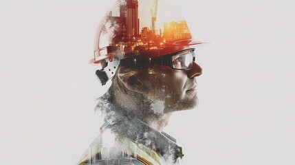 Poster - Professional Double Exposure Image of Construction Worker Profile