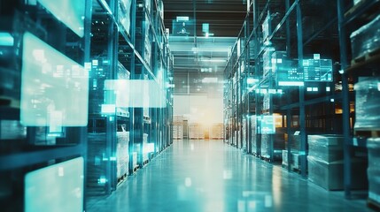 Poster - Futuristic Warehouse Environment with Smart Technology and Digital Data