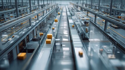 Poster - Realistic Double Exposure of Conveyor System in Modern Warehouse Setting