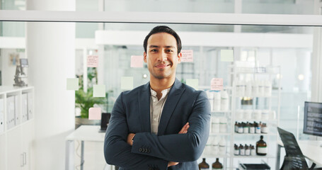 Aufkleber - portrait, research and man in lab, arms crossed and funding for chemistry experiment. face, happy pe