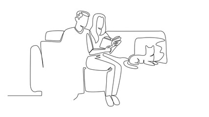 Poster - Animated self drawing of single one line drawing a married couple sitting together on the sofa reading a book. Reading family romance story. True love. National Pet Parents Day. Full length animation