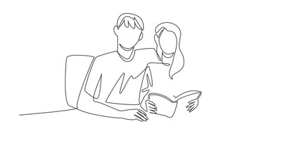 Poster - animation of continuous one line drawing romantic couple relaxing on the bed and reading a book. qua