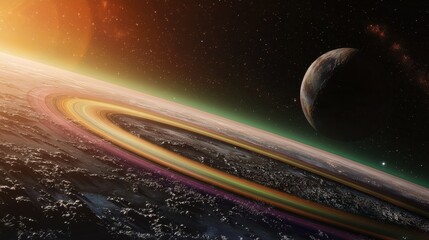 Wall Mural - stunning cosmic view of planet with vibrant rings and distant moon