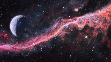 Wall Mural - cosmic landscape with moon and colorful nebula in deep space