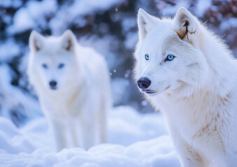  Majestic white wolves in a snowy forest with striking blue eyes