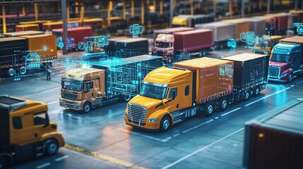 Poster - Detailed View of Rows of Trucks and Trailers in Logistics Center