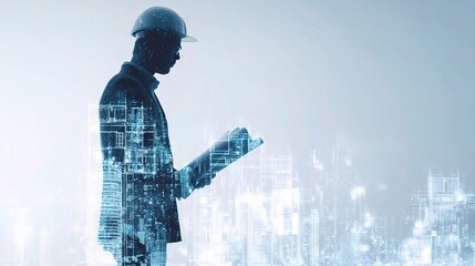 Poster - Urban Architect Silhouette with Blueprint Against Modern Cityscape