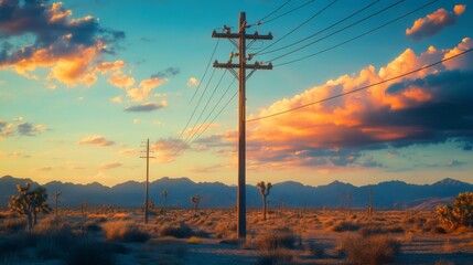 Poster - An isolated utility pole in a barren landscape, emphasizing its role in providing power amidst a vast, open environment with dramatic lighting
