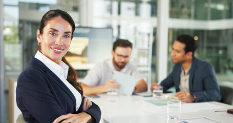 Poster - Portrait, business people and woman in meeting, arms crossed and confidence with accounting. Face, group and employees in office, manager and financial company for advice, smile or investment growth