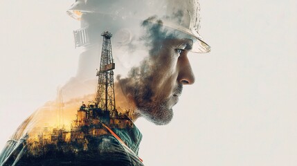 Poster - Man in Hard Hat Overlooking Oil Rig in Double Exposure Photography