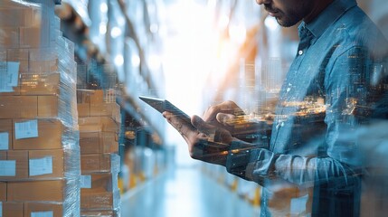 Poster - Double Exposure of Logistics Manager in Modern Warehouse Setting