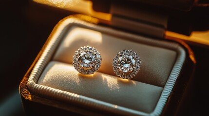 Poster - A beautiful image of diamond earrings nestled in a luxurious jewelry box, with soft lighting that accentuates their sparkle and showcases their elegance