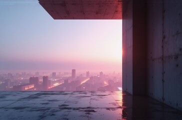 Aufkleber - A minimalist concrete structure offers a panoramic view of a hazy city skyline at sunrise.  The scene evokes feelings of serenity and urban contemplation.