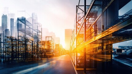 Poster - Double Exposure of Logistics Warehouse in Urban Cityscape Scene