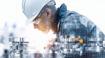 Fototapete - Double Exposure Portrait of Engineer Working with Machinery Parts