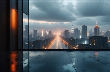 Poster - Night cityscape view through a large window. City lights illuminate the skyline under a cloudy evening sky. Interior perspective of an urban scene.