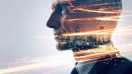 Poster - Abstract Senior Businessman Profile with Cityscape and Light Trails