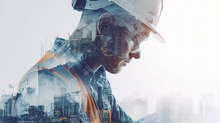 Poster - Double Exposure of Engineer in Construction Setting for Stock Photo