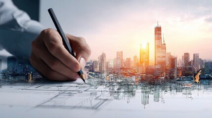 Poster - Hand of Engineer Sketching Architectural Plan with Urban Skyline