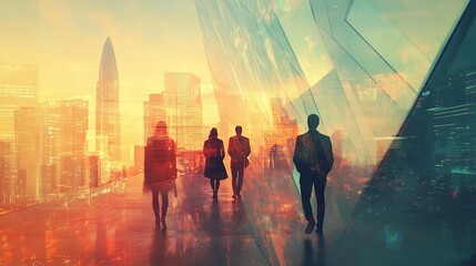 Poster - Double Exposure of Business Professionals in Urban Cityscape