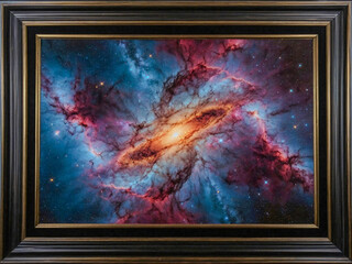 cosmic nebula framed by high-tech metallic borders.
