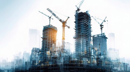 Poster - Digital Illustration of Building Construction with Cranes at Sunrise