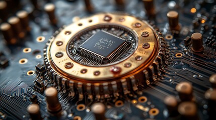 Poster - Close-up of a circuit board featuring an intricate arrangement of electronic components including microchip and metallic connectors. The board showcases a blend of colors with a prominent metallic