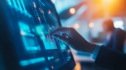 Poster - Close-up of a business professional interacting with a digital interface, showcasing data analytics with bright blue and orange lighting