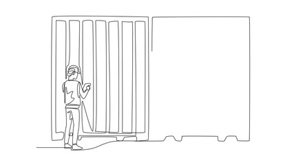 Poster - Animated self drawing of single continuous line drawing a man wearing helmet holding a clipboard. Initial or final inspection. Goods received. National Supply Chain Day. Full length animation