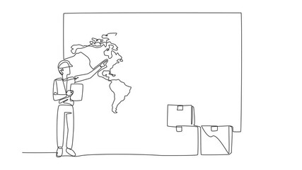 Poster - Animation of single one line drawing man wearing project vest and helmet holding a clipboard. The queue of logistics to be exported abroad. National Supply Chain Day. Full length motion