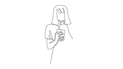 Poster - animation of single continuous line drawing a woman in casual clothes holds glass of bubble tea with
