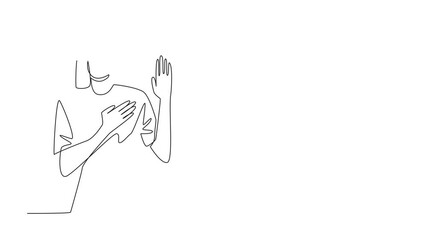 Poster - Self drawing animation of continuous one line drawing woman in casual clothes posing oath gesture. Not looking for justification but indeed trustworthy. National Honesty Day. Full length animated