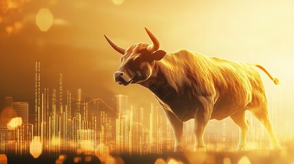 Poster - Bull Market Symbol with Upward Trend and Candlestick Chart Background