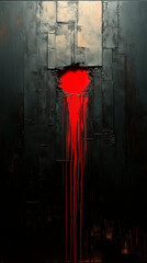 Wall Mural - Abstract painting on canvas, mostly covered with thick black acrylic or oil paint, rough and textured surface, with a single little bold red brushstroke as an accent, minimalist and dramatic compositi