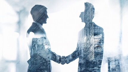 Poster - Businessmen in Double Exposure Shaking Hands with Urban Background
