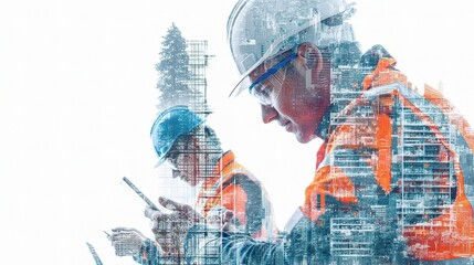 Poster - Digital Illustration of Construction Workers with Building Overlay