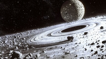 Wall Mural - cosmic landscape with rings and moon surrounded by asteroids